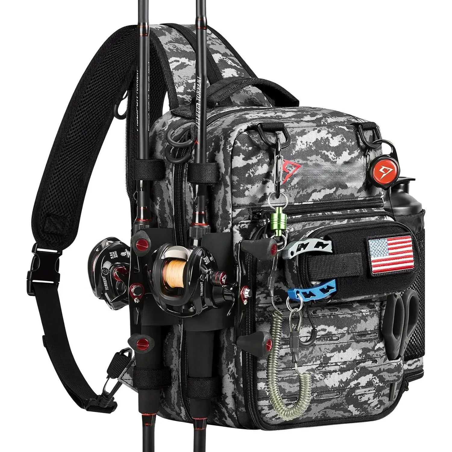 Fishing Tackle Backpack, 3-Way Carry with Rod Holders | 16  pockets, 2 rod holders, Rain cover, Breathable  support, Convertible sling//backpack carry