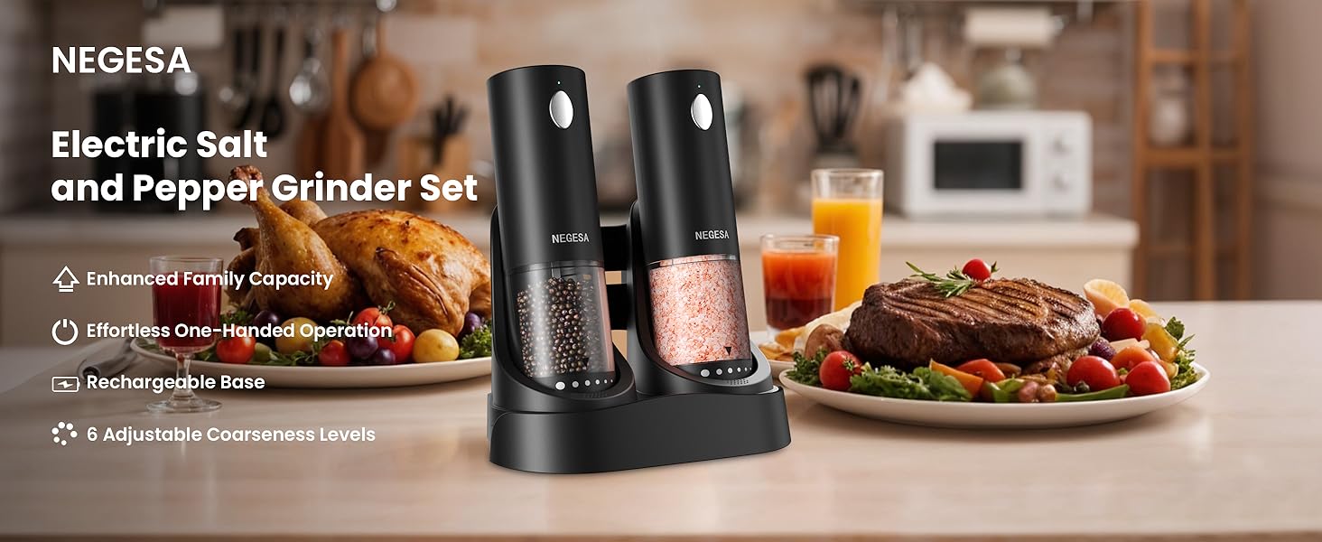 Electric Salt and Pepper Grinder Set with Rechargeable Base - Automatic Refillable Electric Salt and Pepper Shakers with Large Capacity, LED Light & Adjustable Coarseness, Black
