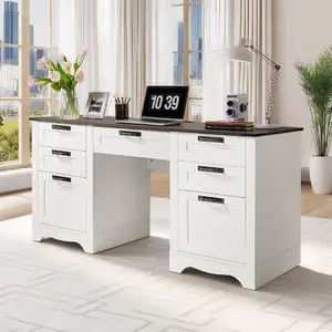 VEVOR 63 in Executive Desk, Large Modern Rectangle Office Table, Heavy Duty Wooden Executive Table with Cable Connection Hole, 250 LBS Load Capacity, Easy Assembly, for Work Study Writing, Walnut