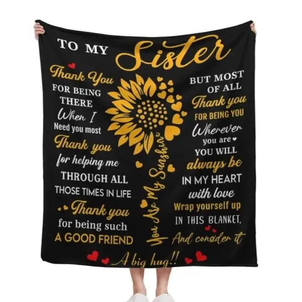 Black Background Golden Sunflower Heart Accent To My Sister Thank You Friendship Quote Flannel Throw Blanket Sibling Forever Love Warm Hug Comfort Birthday Christmas Sister Gift 30*40in 40*50in 50*60in 60*80in US Local Hand Knitted Chunky Chenille