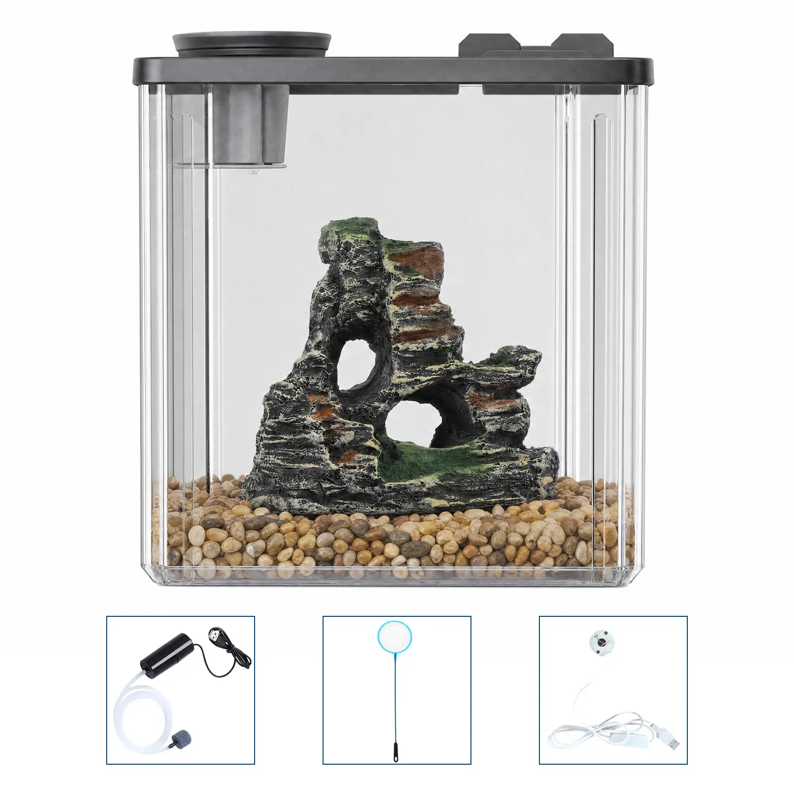 2.5 Gallon Betta Fish Tank Starter Kit - 7Pcs Acrylic Aquarium with LED Light, Quiet Air Pump & Filter for Goldfish, Shrimp, Home & Office