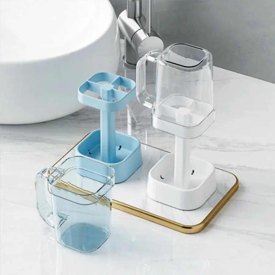 Glam Eco-Friendly Rubber Base Toothbrush Holder & Rinser Cup Set (1PC), Water Draining Portable Compact Durable Bathroom Organizer, Dental Care Accessory for Students