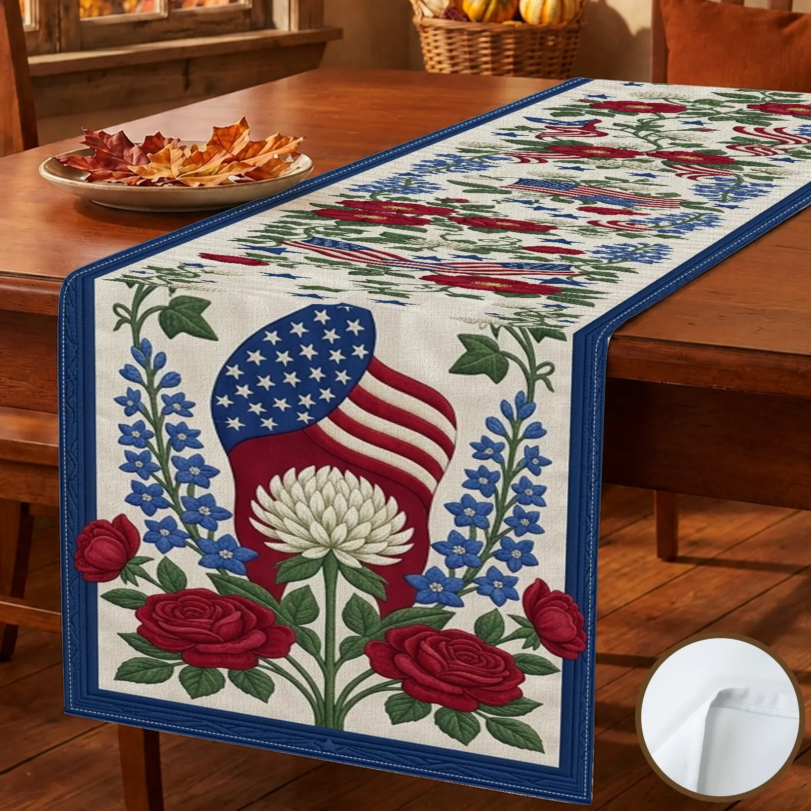 1pc American Flag Floral Stars Table Runner, Rustic Americana Style, Red White and Blue Decorative Border, for Dining Table Kitchen Decor Home Decor Labor Day Decor