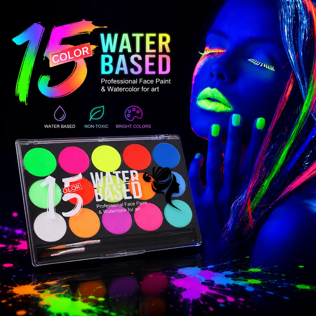 Glow UV Blacklight Color Set, 15 Neon Fluorescent Water Activated Colors, Glow in The Dark Washable Color Kit for Festivals, Raves, Parties, Camping and Outdoor Events