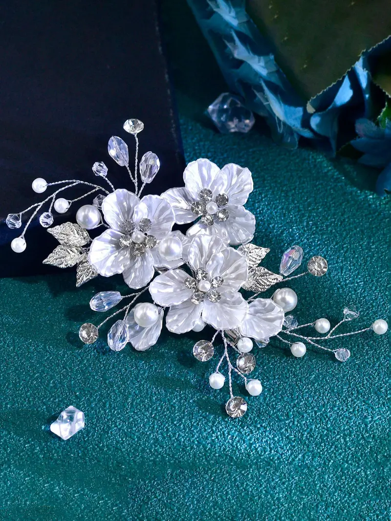 Elegant Faux Pearl & Flower Decorated Hair Comb, Rhinestone Decor Bridal Headwear for Wedding Bridal Party Formal Occasions, Fashion Hair Accessories for Women