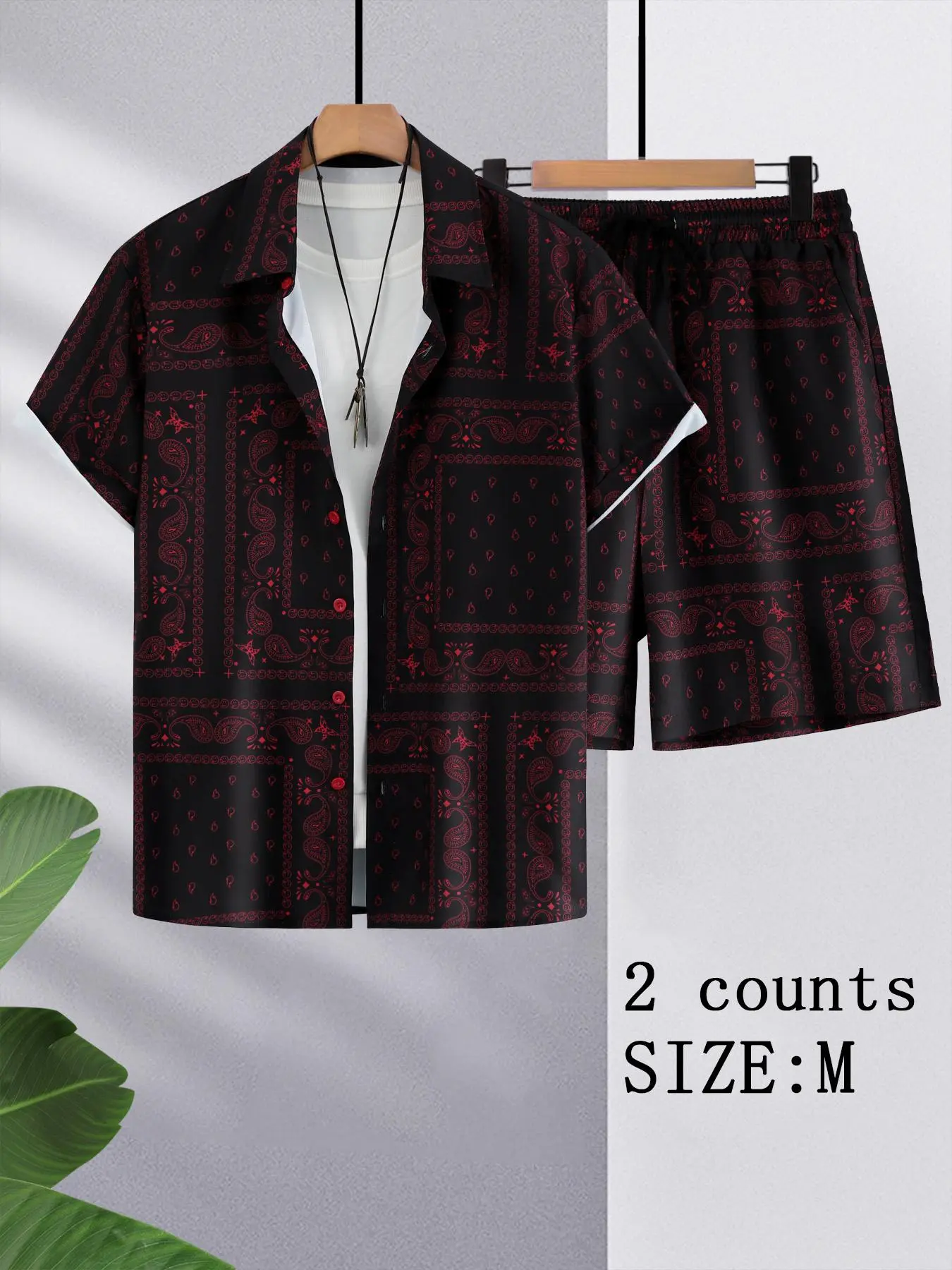 Paisley Short Sleeved Shirt Set, Casual Fitted All over Print, Plain Surface, Without Collar or Zipper, Men's Standard Size Menswear