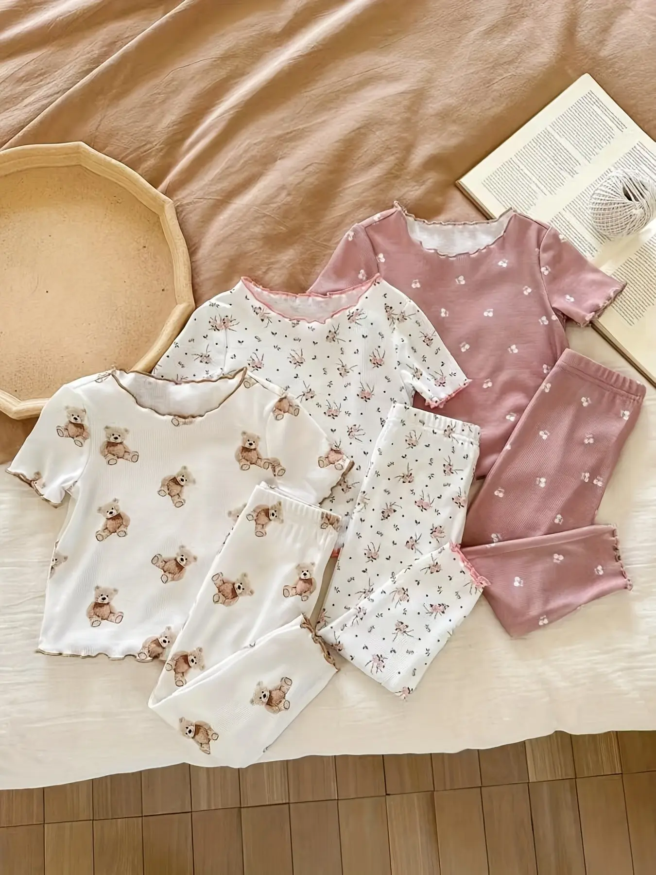 6-Piece Toddler Girls' Puff Sleeve Printed Top & Pants Set, Bear Floral Cherry Prints, Soft Stretch Comfortable Home Wear, Toddler Pajamas