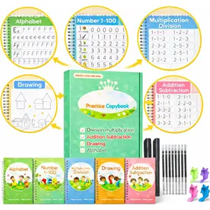 Magic Grooved Writing Practice Books for  Ages 3-5 -  Handwriting Workbook Set with 5 Tracing Books, 2 Pens & 10 Refills - Alphabet Numbers Math Drawing Learning Toys for