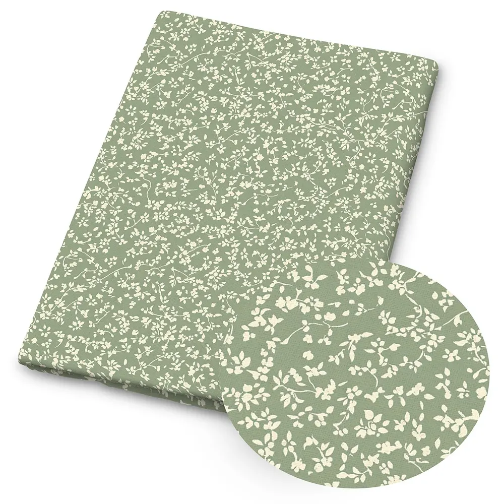 1pc Sage Green Floral Print Fabric - 59 X 19.68 Inches (150 X 50cm) Pre-cut Polyester Fabric with Ditsy White Flower & Leaf Pattern - Suitable for DIY Sewing, Scrapbooking, Tablecloths and Crafts
