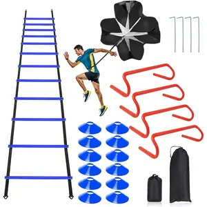 Speed & Agility Ladder  Equipment Set, Includes 12 Rung 20ft Agility Ladder, 4 Agility Hurdles,12 Disc Cones, 1 Resistance Parachute for  Football Soccer Basketball Athletes