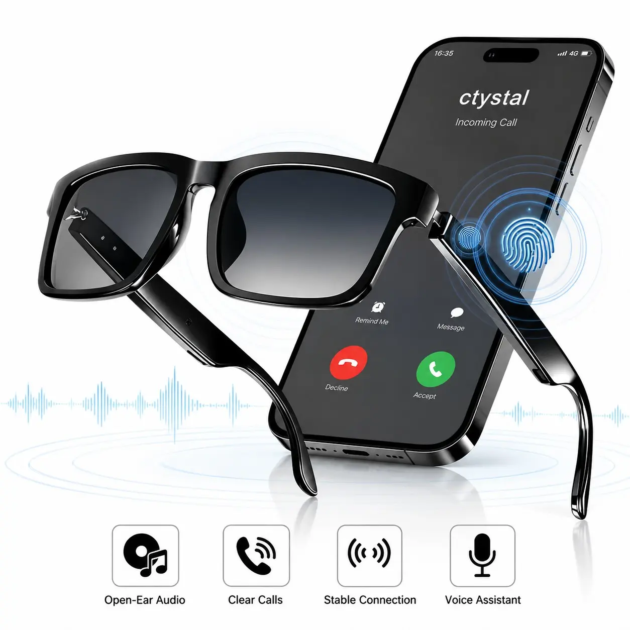Smart Glasses for Men Women, Open-Ear Bluetooth Sunglasses with Music, Clear Calls, Smart Touch Control and Voice Assistant, Wireless Headphone Glasses