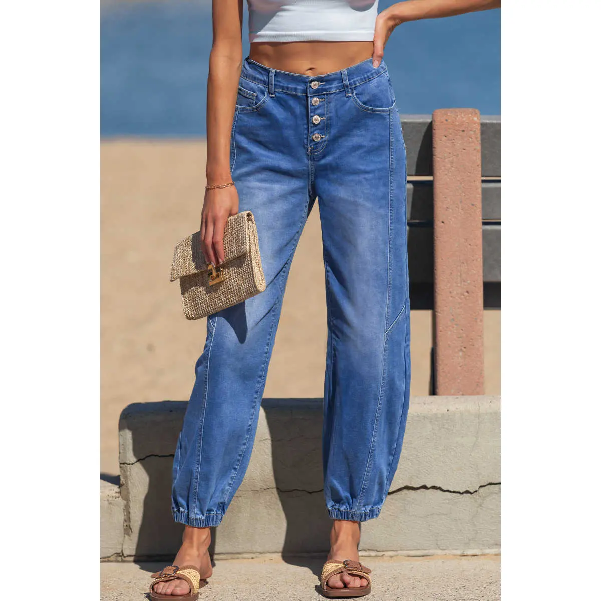 Blue 4 Buttons Front Tapered Casual Loose Fit Jeans