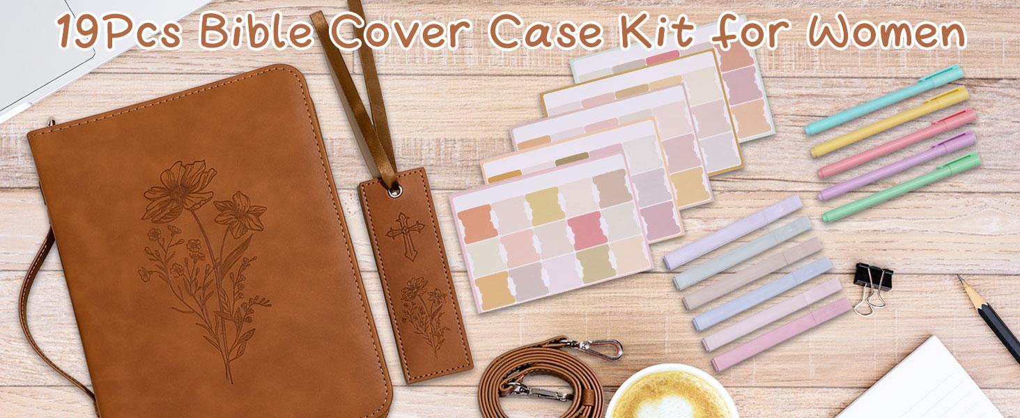 19PCS Floral Brown Leather Bible Cover Women Bible Cover Cases Teen Girls Christmas Gift Christian Carrying Bag Journaling Kit with Shoulder Strap Highlighter Pens & Book Marker Study Supplies