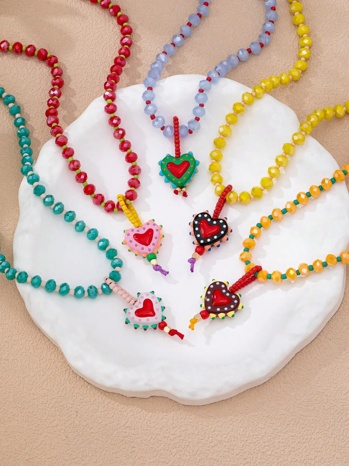 5 Pc Boho Colorful Beaded Heart Pendant Necklaces, Hand Painted Dot Design Love Heart Charm Bead Choker Necklaces for Women, Y2K Jewelry, Assorted Beaded Necklaces