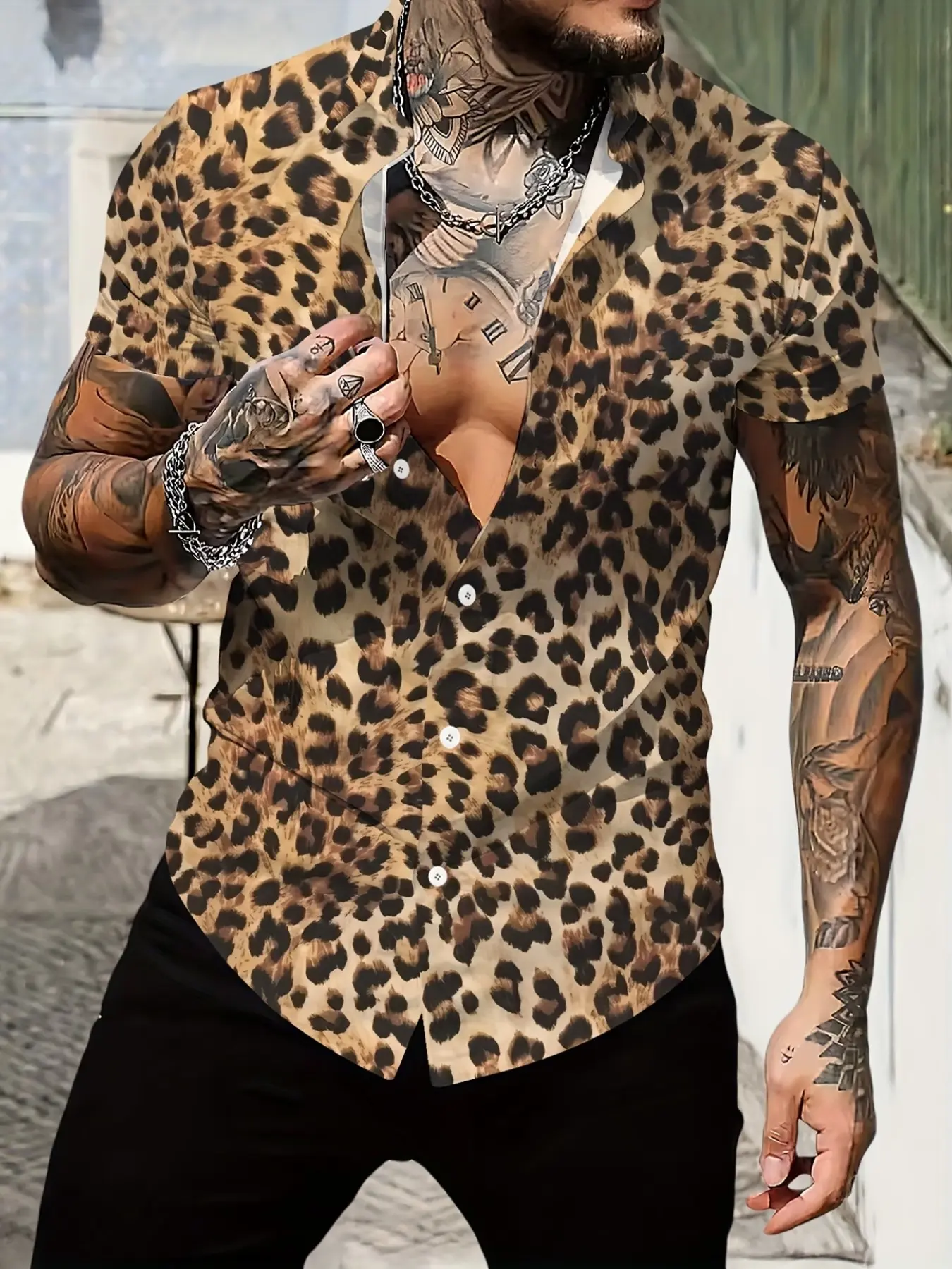 Leopard Print Short Sleeve Shirt for Men, Fashion Casual Collared Slim Fit Graphic Top, Casual Fashion Wear, Casual Summer Tops, Summer Trendy Button-Up Dress