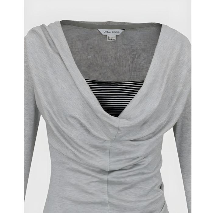 URBAN REVIVO 2026 Spring Women's Trendy Draped Neck Ruched Fake Two-Piece Panel Striped Lyocell T-Shirt