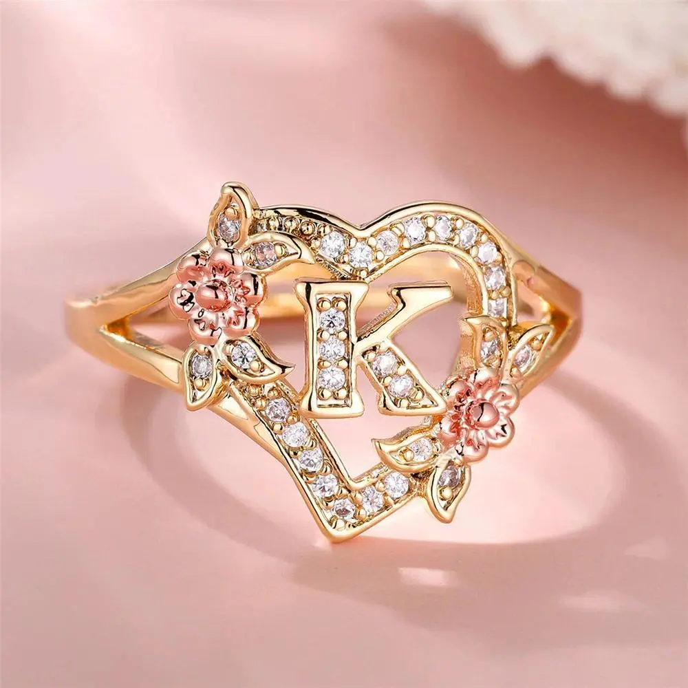 Cute Female A-Z Letter Rose Flower Wedding Rings Promise Open Adjustable Engagement Jewelry For Women