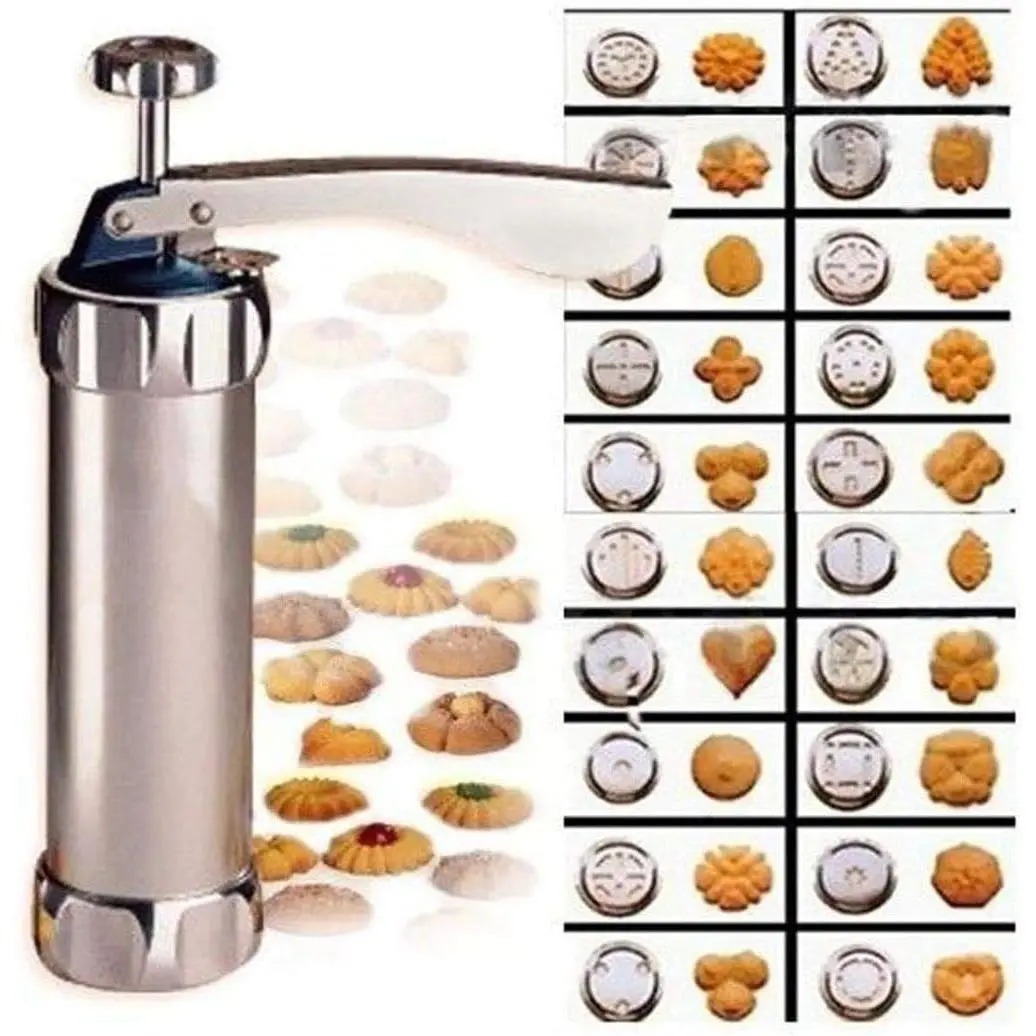 Cookie Press Maker Kit, Spritz Cookie Maker Machine For Baking, DIY Biscuit Maker and Decoration with 20 Cookie Discs and 4 Piping Tips (Stainless Steel)