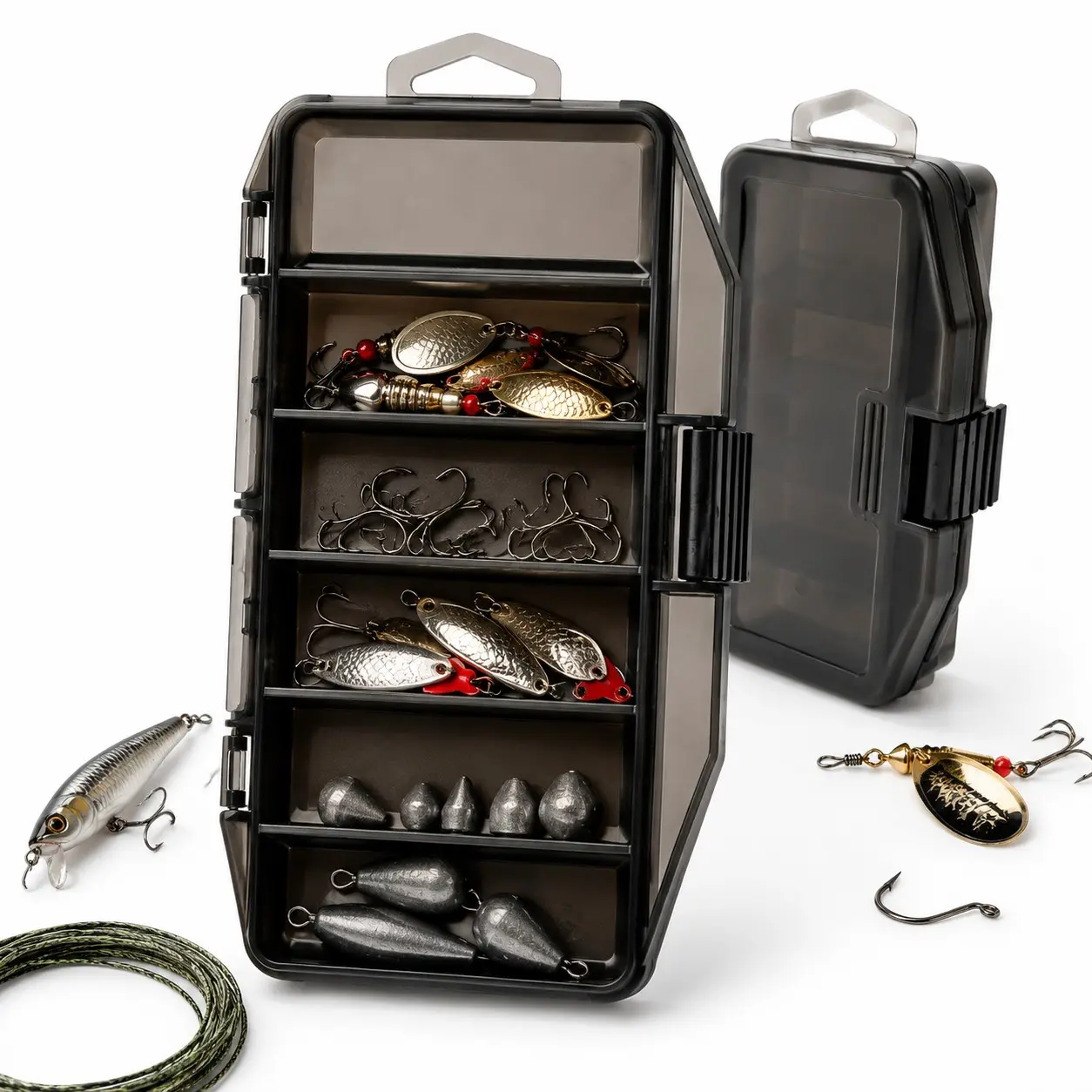5 Grid Thick PP Fishing Tackle Storage Box, Fishing Gear Storage, Shockproof Gray Lure Accessory Organizer with Hanging Tab & Double Snap Lock, for Spoon Bait Hooks Lures Freshwater Saltwater Fishing