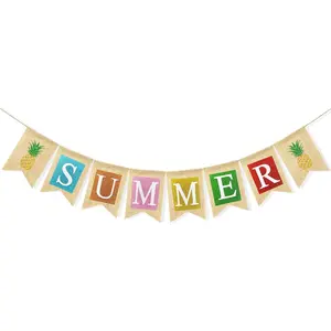 Burlap Summer Banner Porch Sign, Welcome Summer Decorations for Mantel Fireplace Hawaiian Tropical Luau Beach Pool Party Decoration Supplies Home Decor