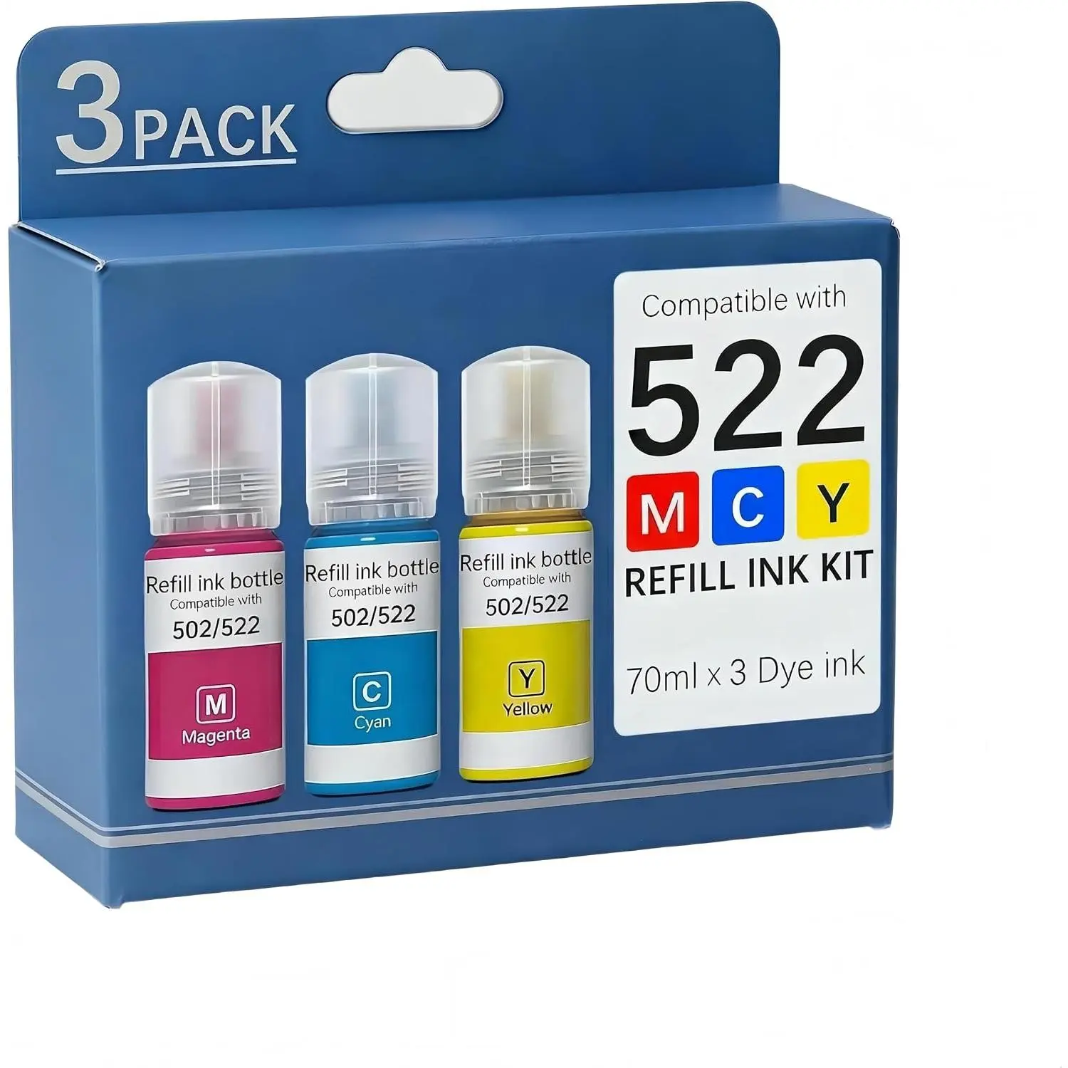High Capacity (3 Bottles) Ink Refill Bottles Combo Pack  for Epson Compatible 522 (502/522 3 Pack)
