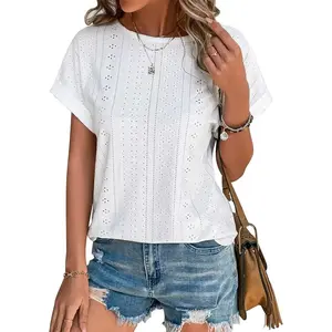 A beauty's walk-in closet A beauty's walk-in closet Bliwov Womens Tops Eyelet Embroidery Summer Spring Curved Hem Short Sleeve T Shirts Blouse Outfits Beach Vacation Clothes