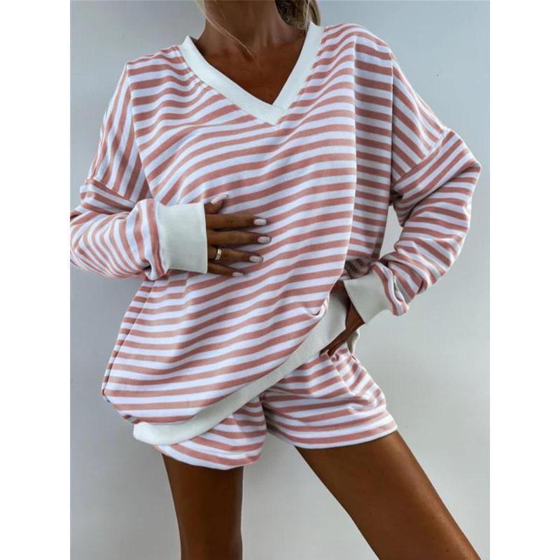 Two-piece Set Women's Striped Print V Neck Drop Shoulder Sweatshirt & Elastic Waist Shorts Loungewear Casual Comfy Pajama Chic Set for Spring & Fall Sleepwear Women'swear Apparel