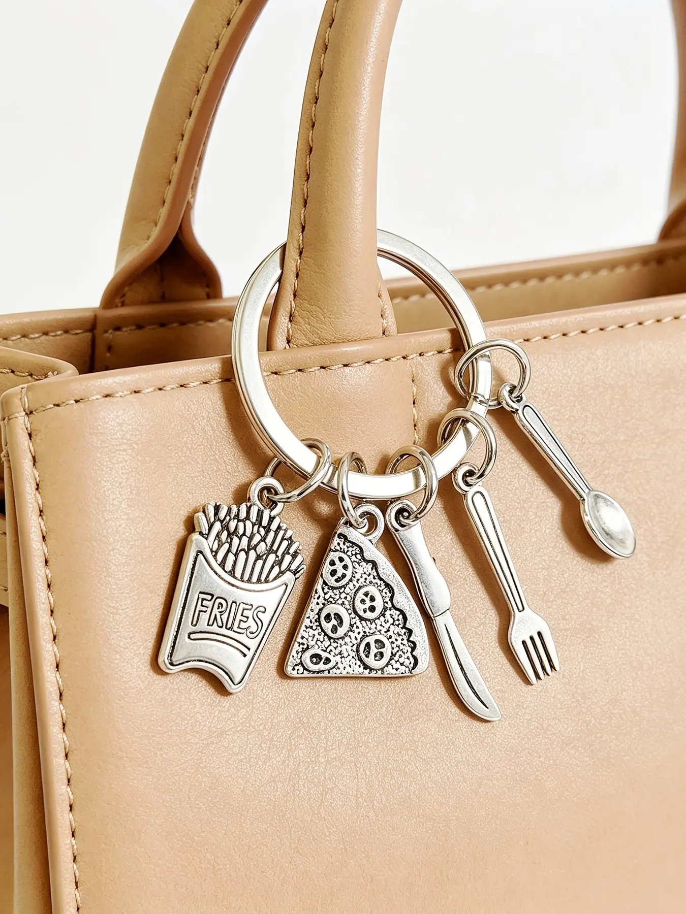 Food Theme Keychain, French Fries and Pizza Spoon Pendant, Fun Creative Bag Accessory, Cartoon Characters Design, All Seasons Casual Style