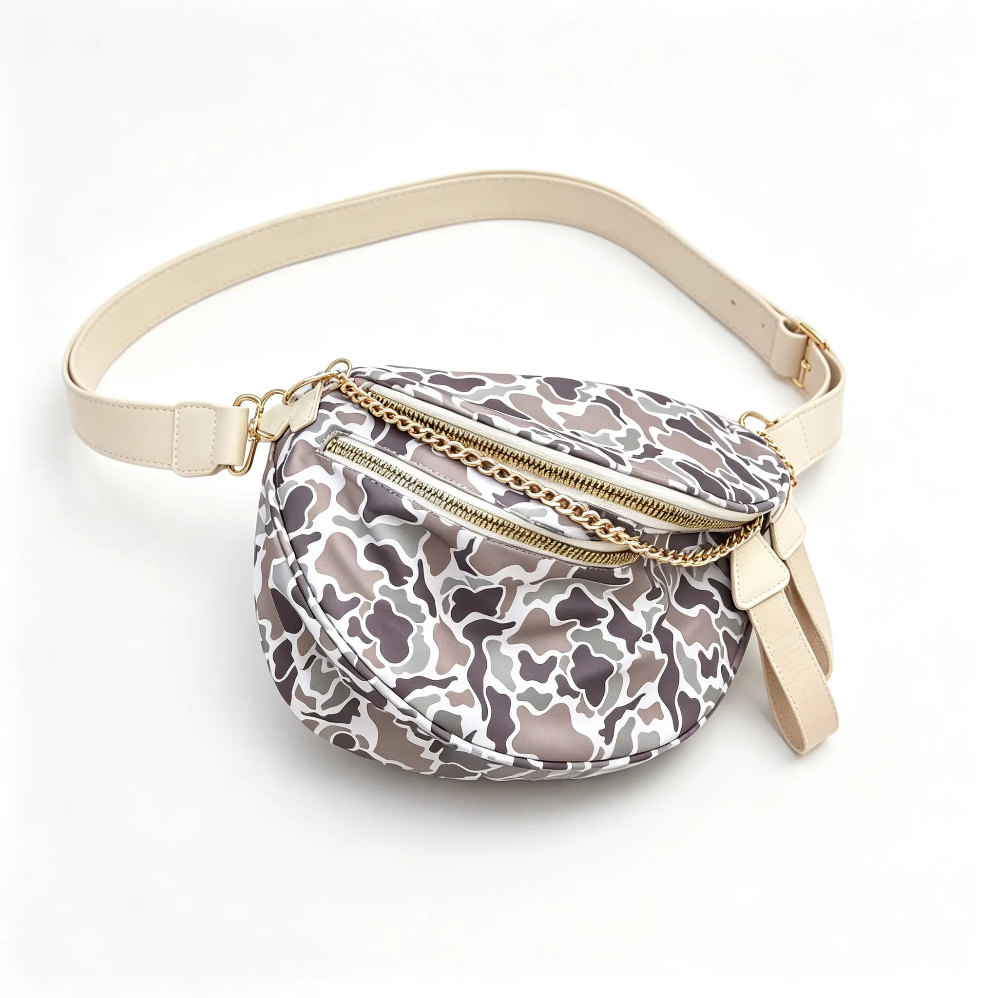 Unisex Camouflage Half Moon Shoulder Crossbody Bags - Dual Secure Zipper Compartments, Premium Gold Hardware, Water-Resistant Nylon Fabric, Multiway Wearable Sling Bag for Outdoor Errands, Gym Activities