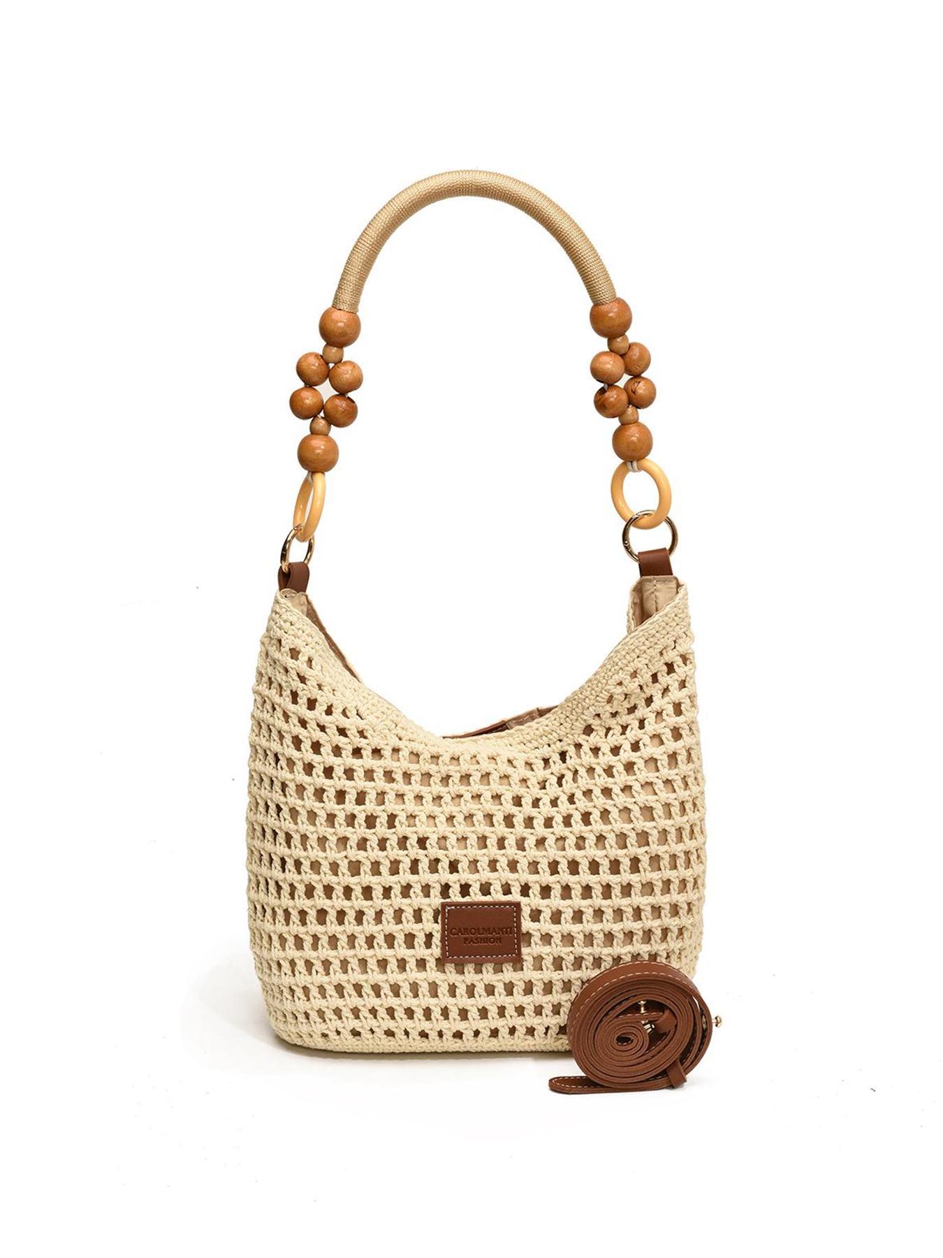 Women's Elegant Crochet Crossbody Bag, Fashionable Shoulder Bag with Wooden Beads Handle, Casual Trendy Versatile High-quality Daily Commuting Bag, Crossbody Purse, Casual Commuter Bag