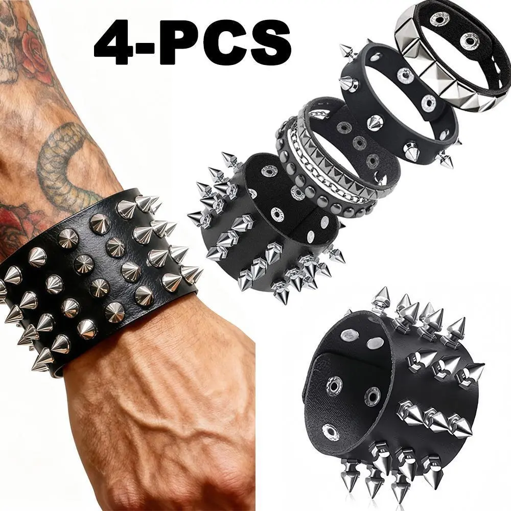 4Pcs Gothic PU Leather Bracelets Set, Vintage Black Punk Goth Cuff Bracelet 304L Stainless Steel Spike Studded Cuffs Wristband Adjustable Chic Spiked, Studded, Chains Rock Edgy Emo Accessories Halloween Christmas Bracelets