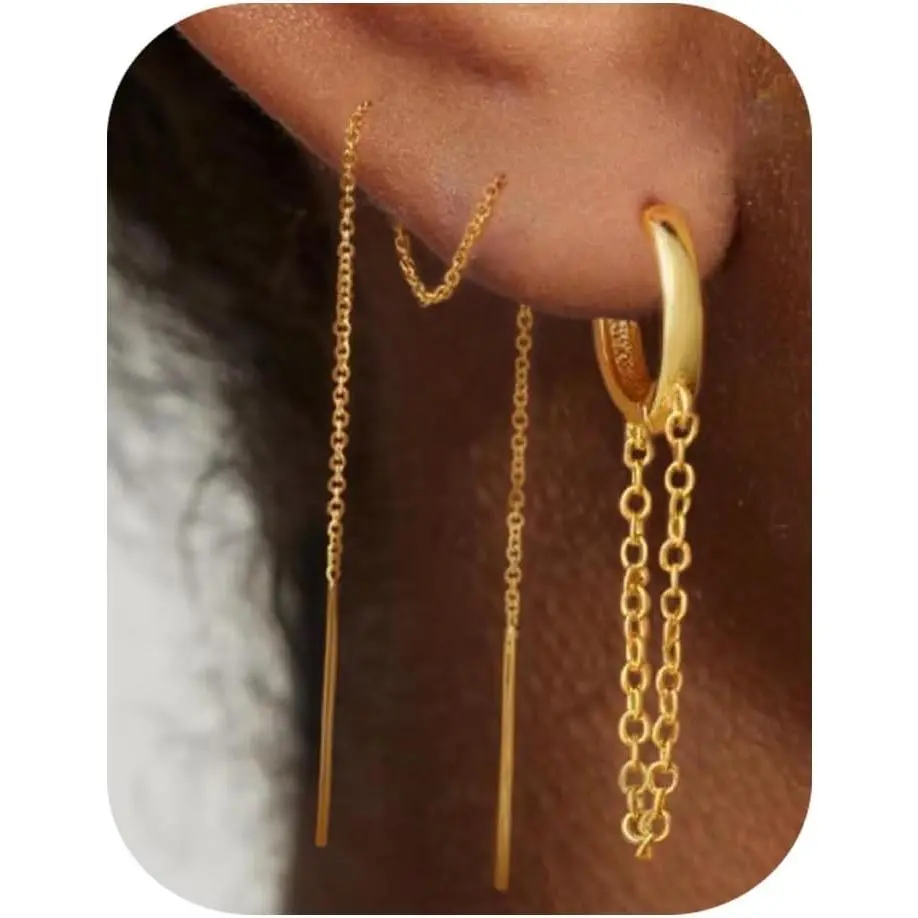 Trendy Zircon Tassel Chain Threader Earrings Set for Women Chain Dangle Earrings Dainty Rhinestone Hoop Earrings Set for Women Stack  Long Drop Ear Line