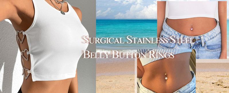 2025 Summer 6PCS Surgical Stainless Steel Dangle Pink Belly Button Rings for Women Heart Flower Cubic Zirconia Dangling Belly Button Piercing Navel Piercings Pack