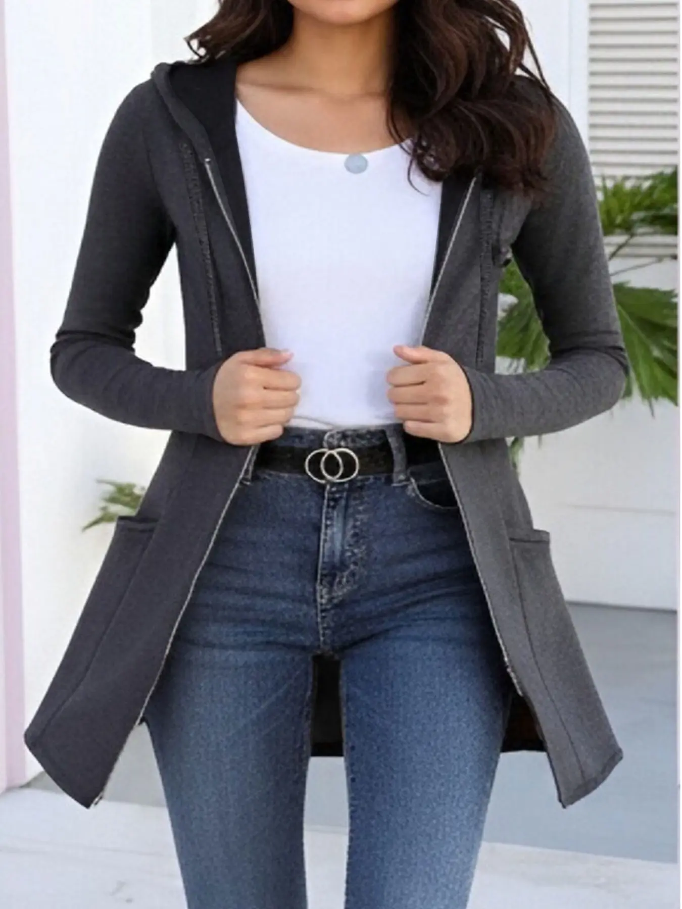 Women's Fall Winter Zipper Hoodie, Loose Fit Medium-Length Casual Jacket, Lazy Style Versatile Outerwear, Comfortable and Stylish