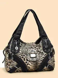leopard print motorcycle tote bag, vintage washed soft leather hobo purse, multi zipper flower charm crossbody bag, large capacity commute shoulder bag, y2k distressed everyday handbag, two way strap travel bag for women