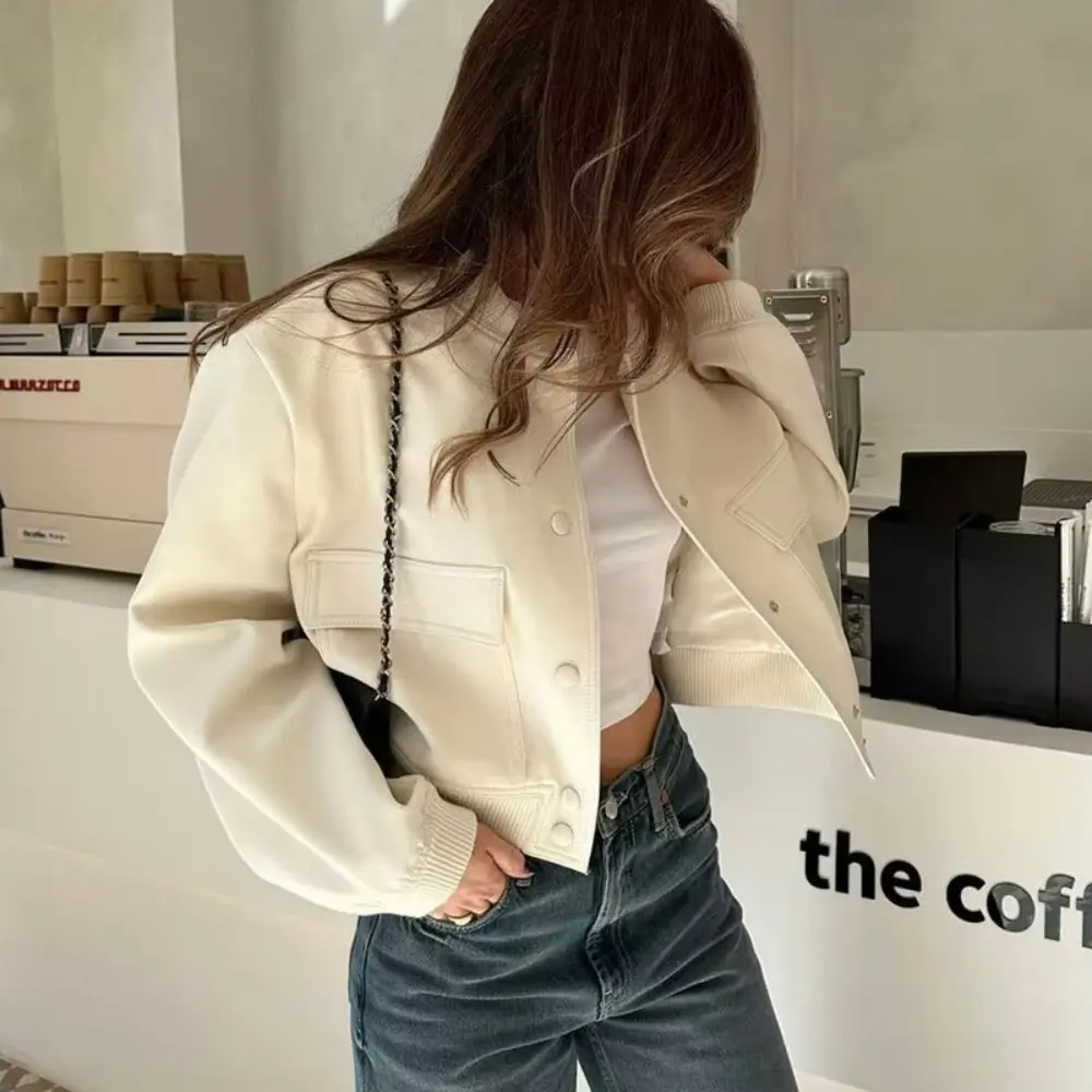 Women’s Polyester Ribbed Stand Collar Oversized Cropped Bomber Jacket - Long Sleeve Snap Button Fabric Coat Garment, Large Flap Pockets, Minimalist Everyday Casual Streetwear for Fall Winter