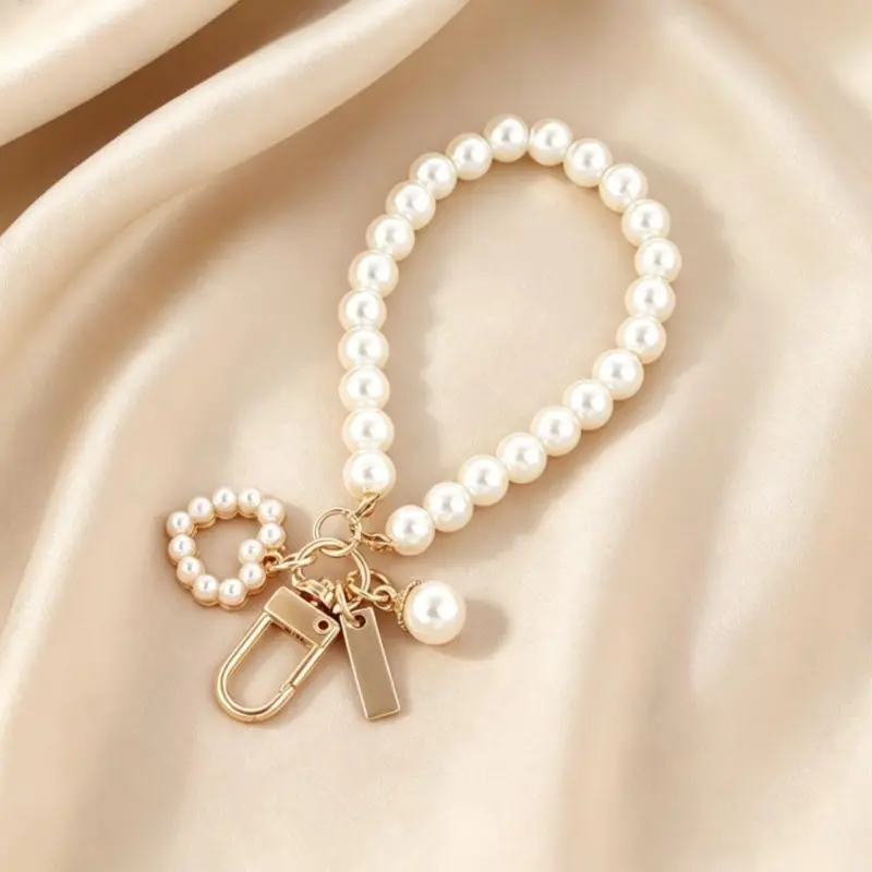 Women's Minimalist 2-Pack Keychains - Elegant Knotted Pearl Cord Hands-Free Wrist Loop Lanyard with Gold Carabiner Clip, Heart Inlay Mini Tag Handbag Charm for Casual Use, Anniversary & Birthday Gifting