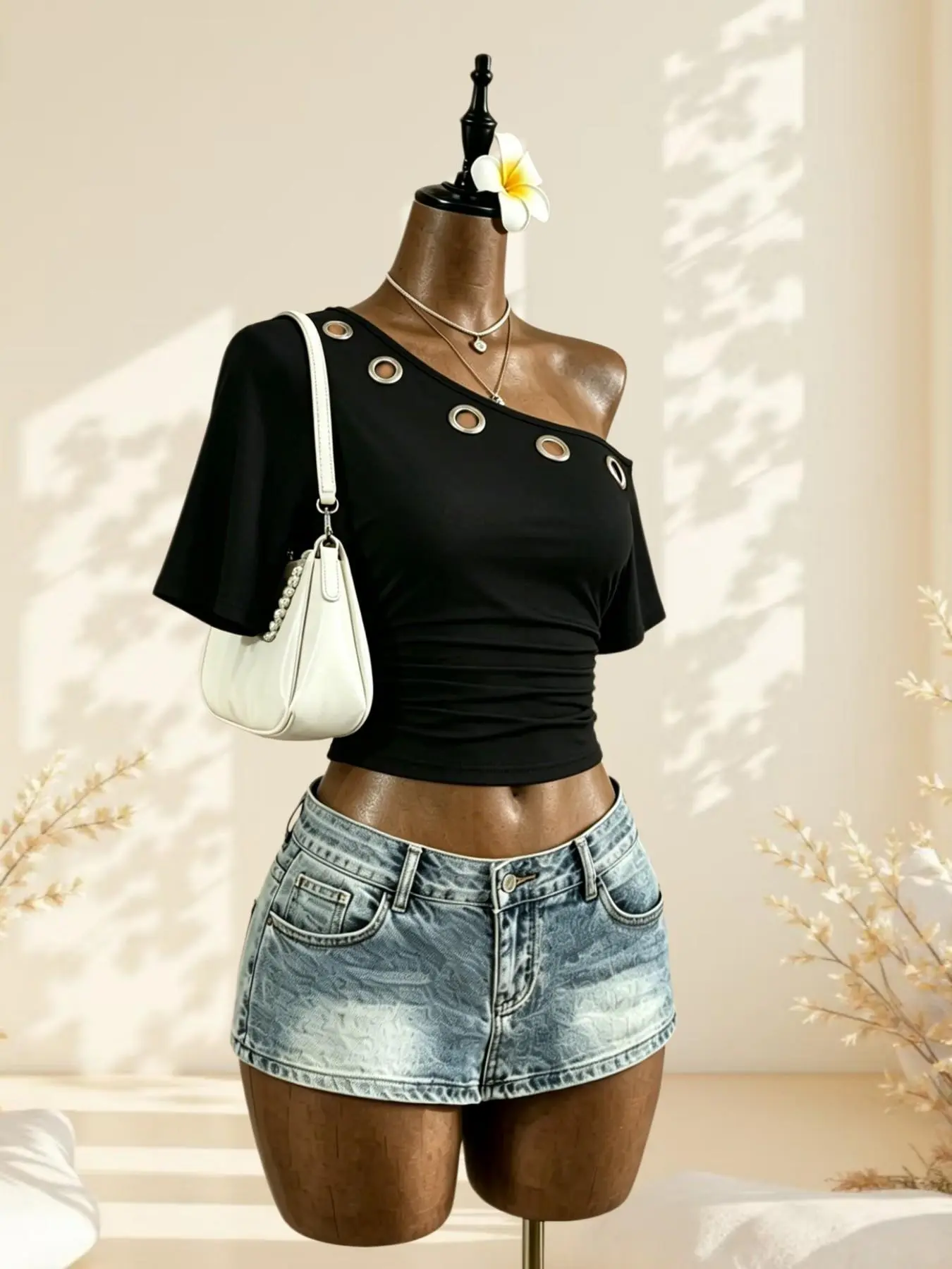 Light Mature Lady Metal Eyelet Asymmetrical Shoulder T-Shirt, Casual Slim Fit Top for Office and Evening Wear