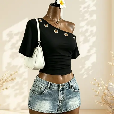 Light Mature Lady Metal Eyelet Asymmetrical Shoulder T-Shirt, Casual Slim Fit Top for Office and Evening Wear, Asymmetric Hem Tops
