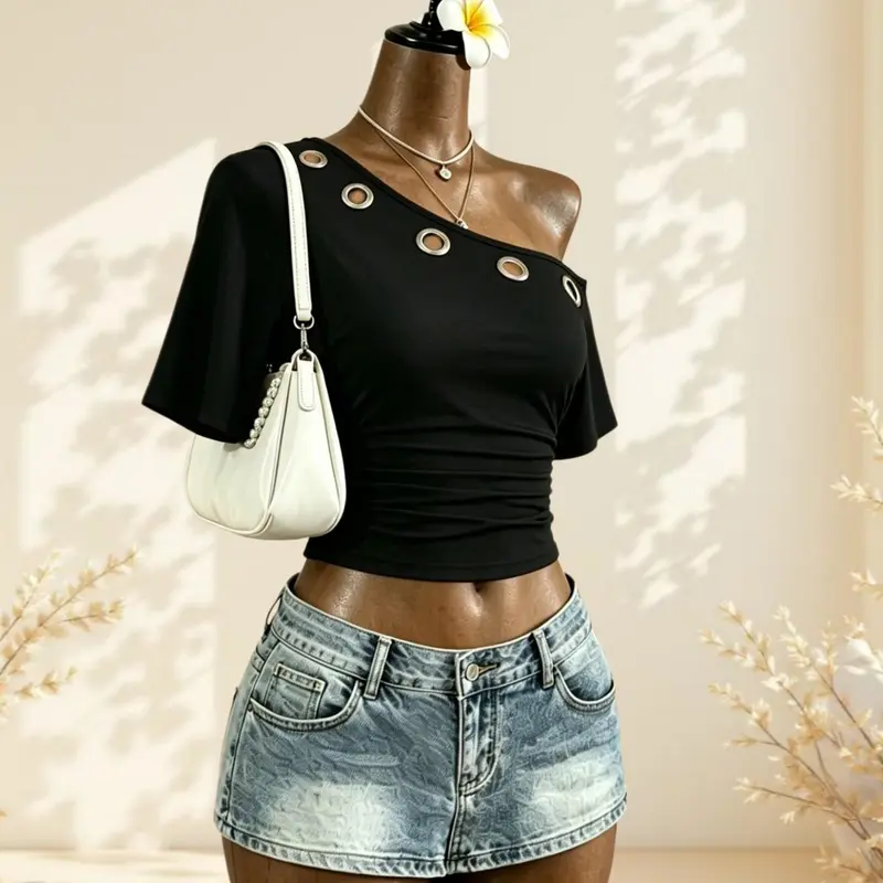 Light Mature Lady Metal Eyelet Asymmetrical Shoulder T-Shirt, Casual Slim Fit Top for Office and Evening Wear, Asymmetric Hem Tops