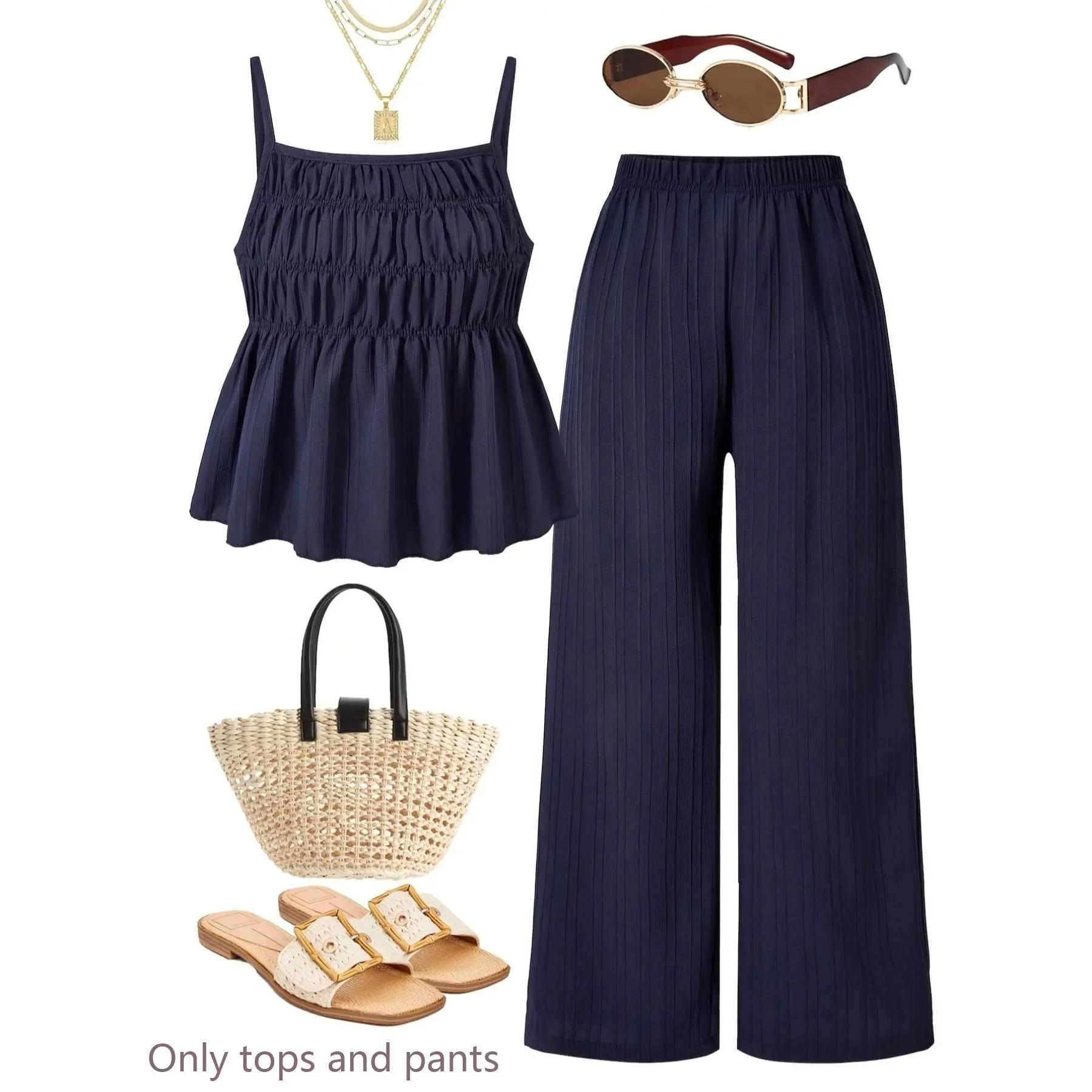 [2-Piece Set] Women's Casual Crinkle Textured Outfits |   Summer Cami Top and Wide-Leg Pants Suit |   Elegant Loose Fit Matching Lounge Set