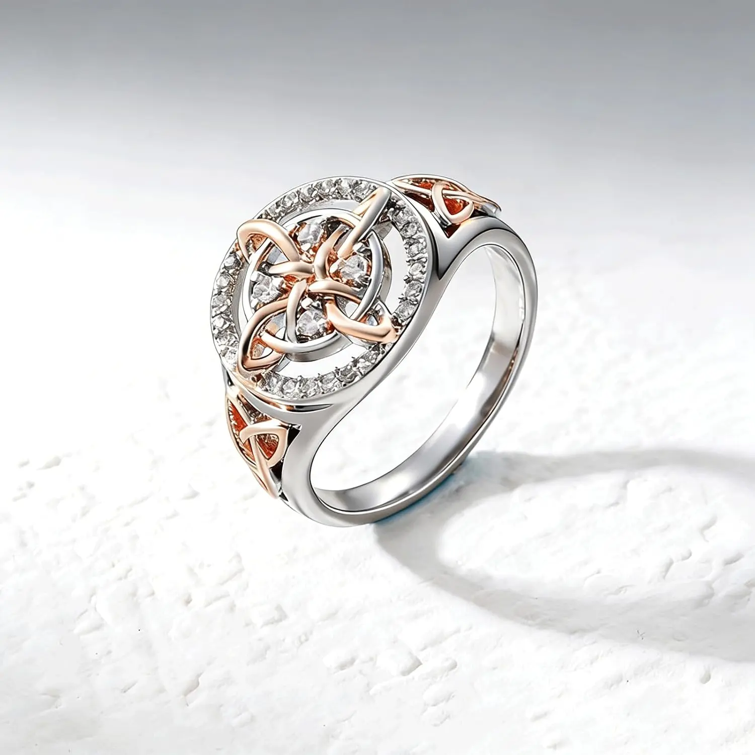 Women's Celtic Trinity Knot Ring - Rose Gold & Silver 2-Tone Alloy Steel Vintage Round Sparkling Stones Cubic Zirconia Ring, Irish Love Promise Jewelry, Valentine's Day & Anniversary Gift