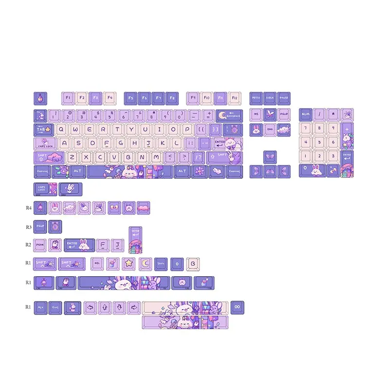 Ajazz 146 key full set keycaps with continuous rabbit theme, heat sublimation keycaps with full five sides, heat sublimation, and all-round adaptability to various mechanical keyboards, Alice keyboard keycaps