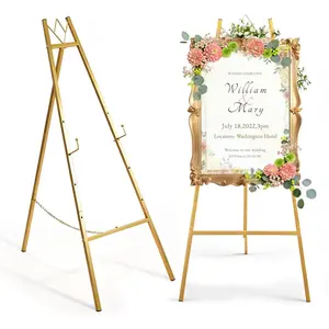 57.5" Gold Easel Stand for Sign, Wedding Sign Stand for Display, Assembly Required, 4 Adjustable Height Levels Heavy Duty Metal Display Stand Floor Standing Easels for Art, Paintings, Pictures