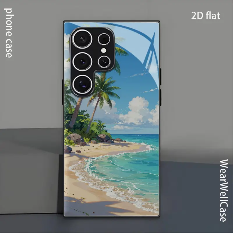 Phone Case: Coconut Palms, Turquoise Waves, Sandy Beach, Clear Sky Black Tempered Glass Phone Case, for Galaxy S26 S25 S24 S23 S22Pro S21 S20 Fe Plus Ultra Pro A56 A55 A54 A53 A52 A51 A36 A35 A34 A32 A26 A25 A24 A23 A16 A15 A14 A06 A05 A03s