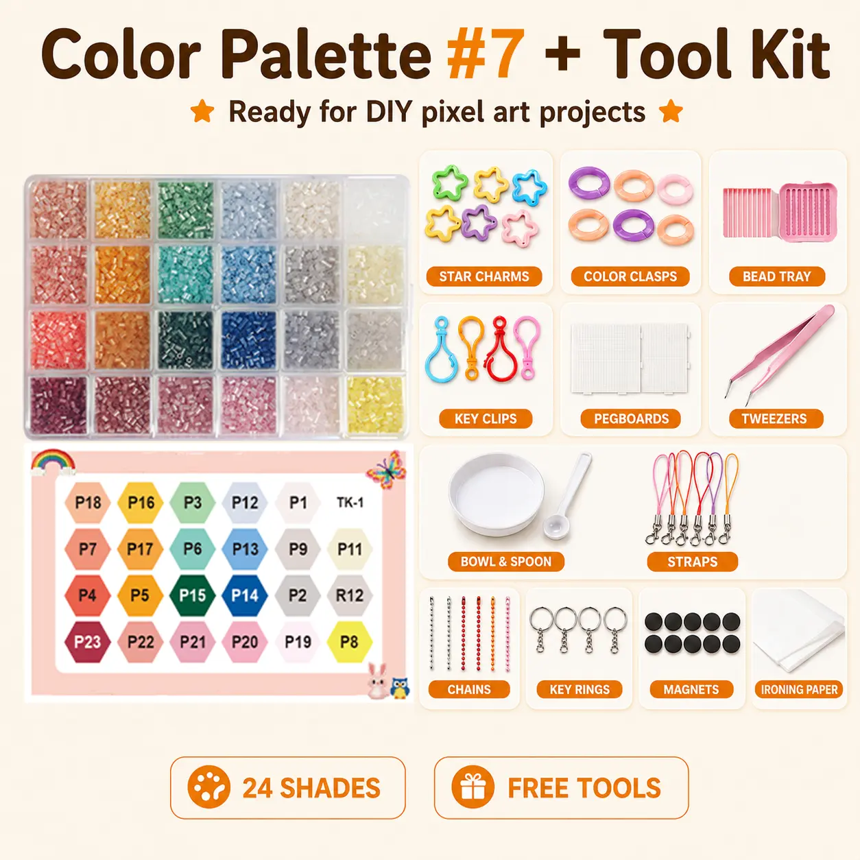 PomCraft Palette #7 Neutral Mini Fuse Beads Tray, Black White Gray 2.6mm Beads with Tool Kit for Outlines, Shadows, Letters, and Detail Work