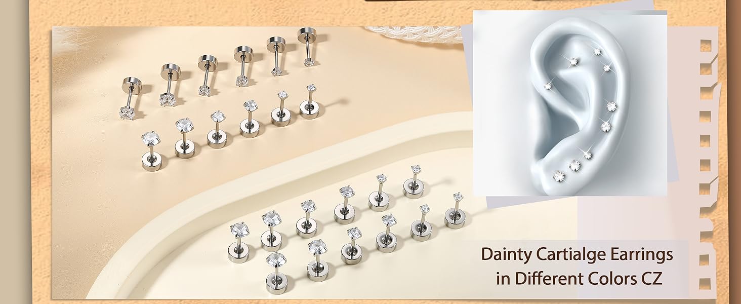 CASSIECA 12Pairs 20G Stainless Steel CZ Stud Earrings for Women Men Cartilage Helix Earrings Set Round Cubic Zirconia Screw Flat Back Stud Piercing