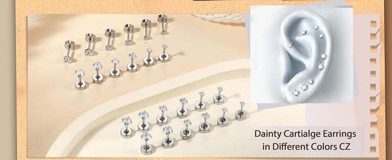 CASSIECA 12Pairs 20G Stainless Steel CZ Stud Earrings for Women Men Cartilage Helix Earrings Set Round Cubic Zirconia Screw Flat Back Stud Piercing
