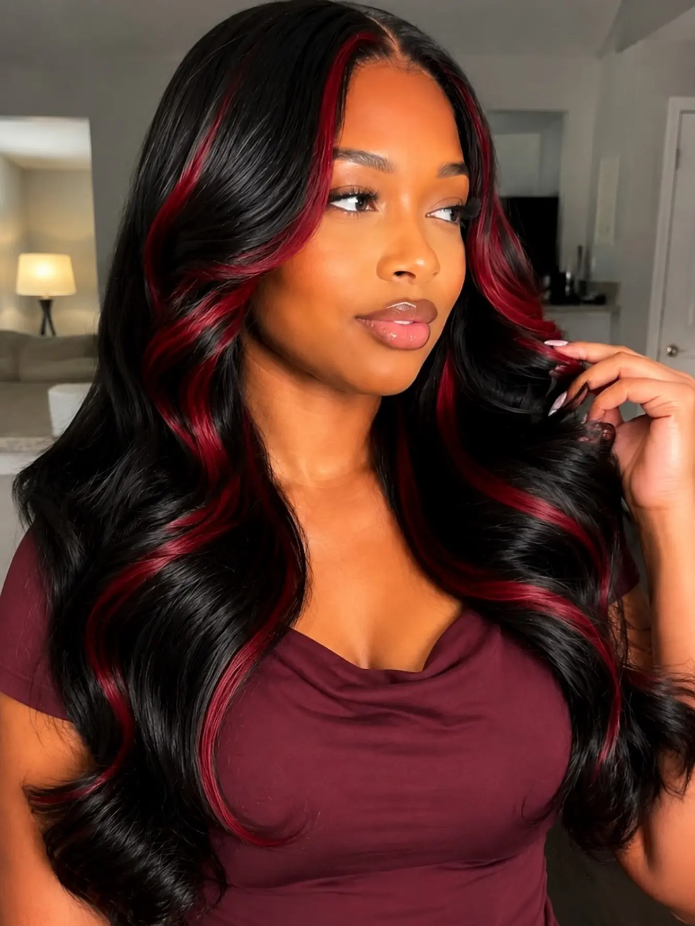 26 Inch Black with Red Highlights Body Wavy Lace Front Wig Heat Resistant Synthetic Hair Glueless Natural Hairline Perfect for Daily Wear & Parties