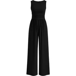Dressy Casual Sleeveless Crewneck Wide Leg Rompers Jumpers Vacation Summer Outfits